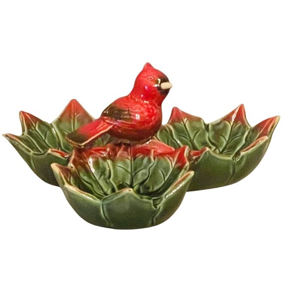 Cardinal Christmas Serving Dish Holly Leaf Relish Tray Candy Nuts Vintage - Picture 5 of 10
